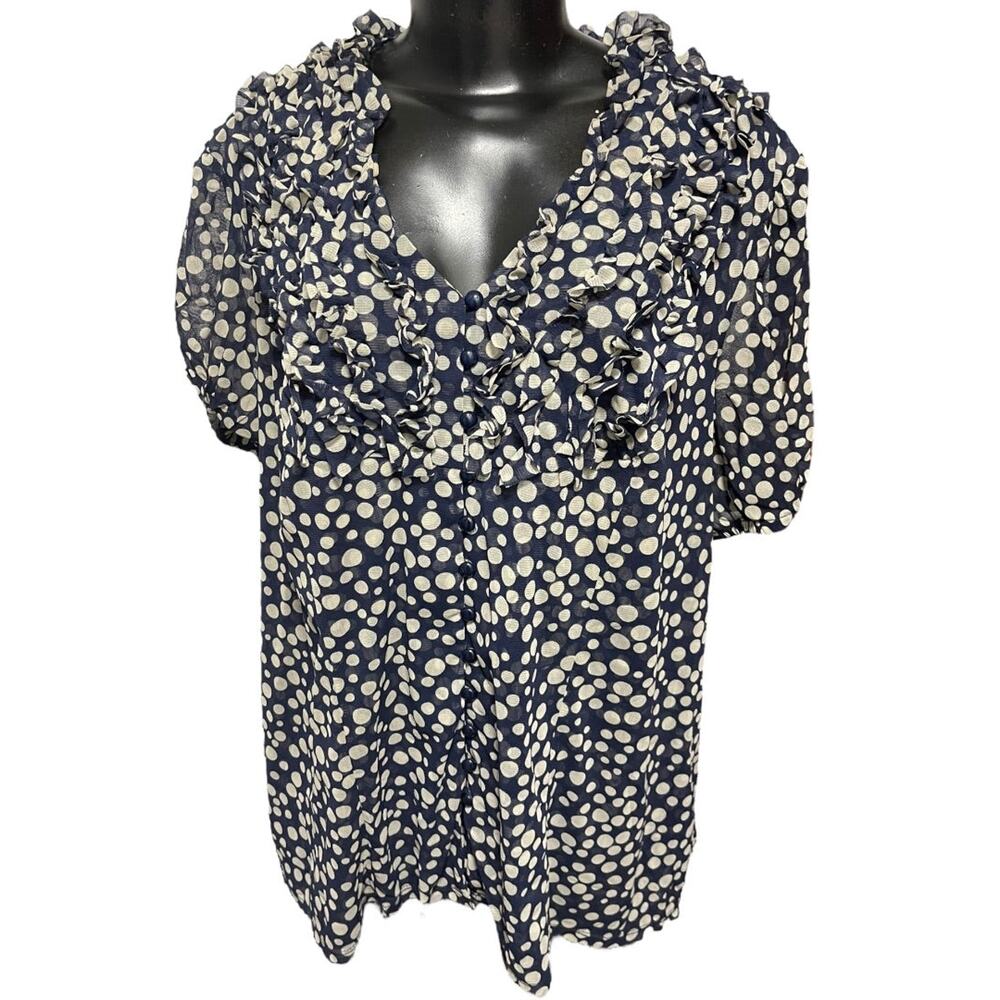3X INC Short Sleeve Ruffled Button Front Womens Polka Dot Shirt Navy